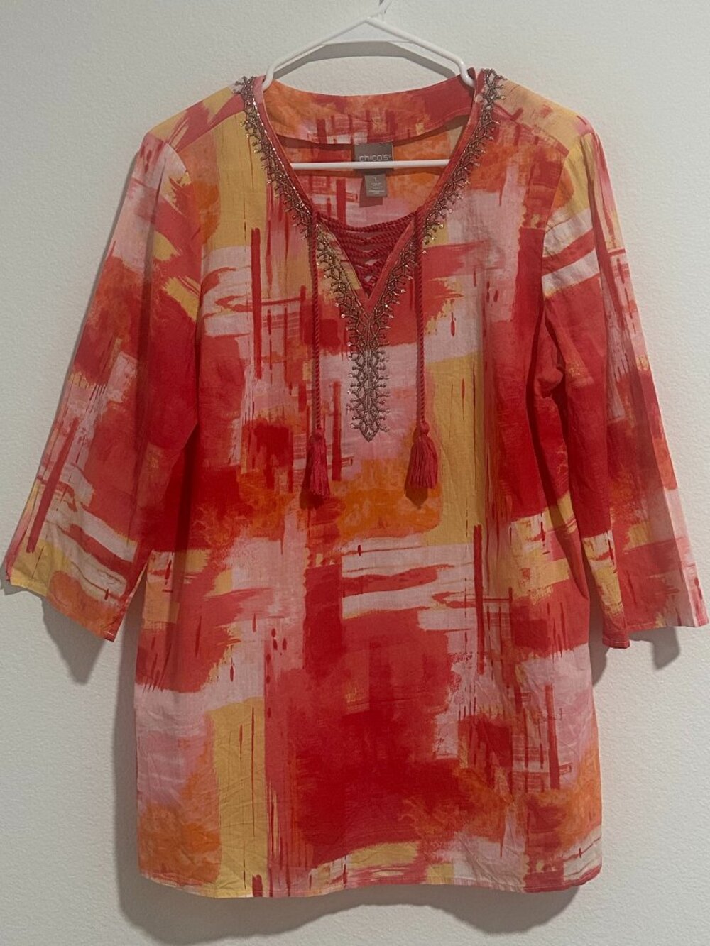 Chico's Beaded Tassel V-Neck Tunic Blouse Orange Pink Abstract Size 1 / M